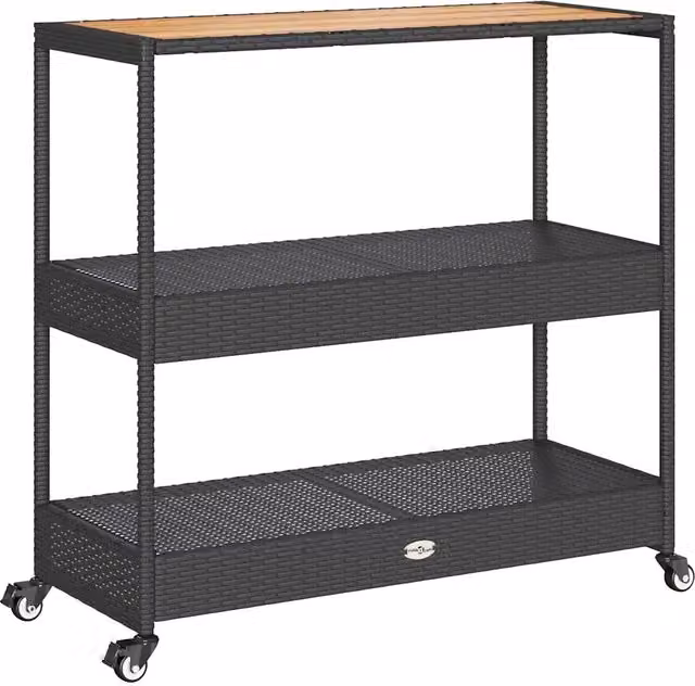 Carrello da Bar Outsunny a 3 Livelli in Polyrattan e Legno di Acacia, Colore Nero e Marrone, L 101 cm x P 40 cm x H 100 cm