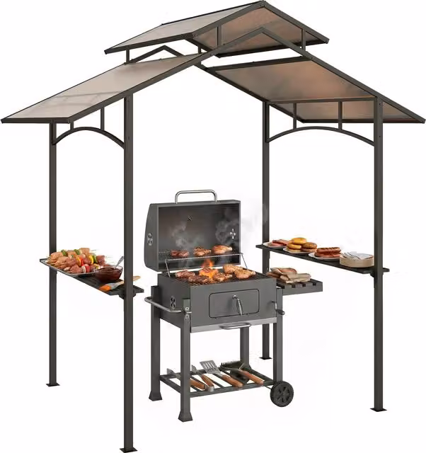 Gazebo da giardino Outsunny per barbecue con doppio tetto, struttura in acciaio e mensole, Nero, L 240 x P 150 x H 250 cm – 1