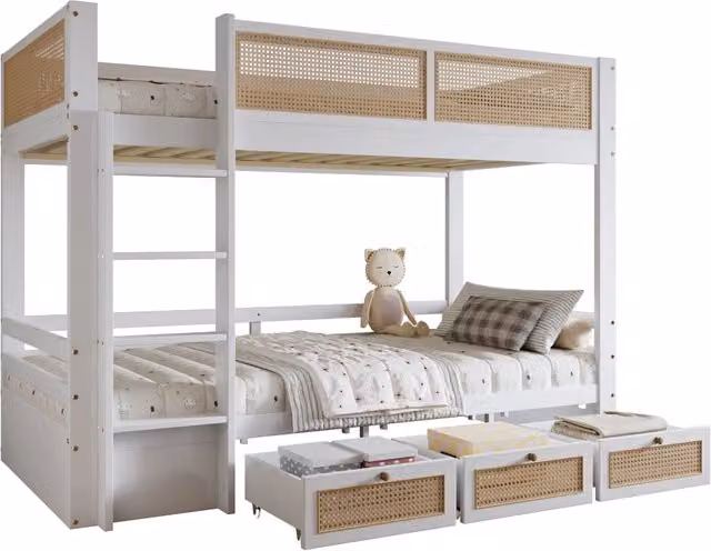 Letto a castello Chicfurn per bambini in legno e MDF con struttura a casetta, scala, sponde di sicurezza e 3 cassetti, Bianco e Beige, L/P/H: 200 x 90 x 205 cm