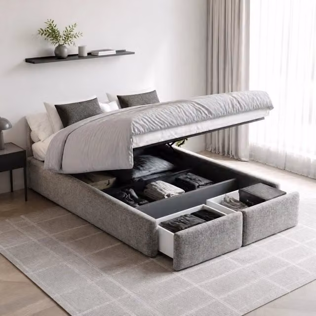 Letto matrimoniale imbottito 140 × 200 cm con contenitore idraulico due cassetti grigio senza testiera
