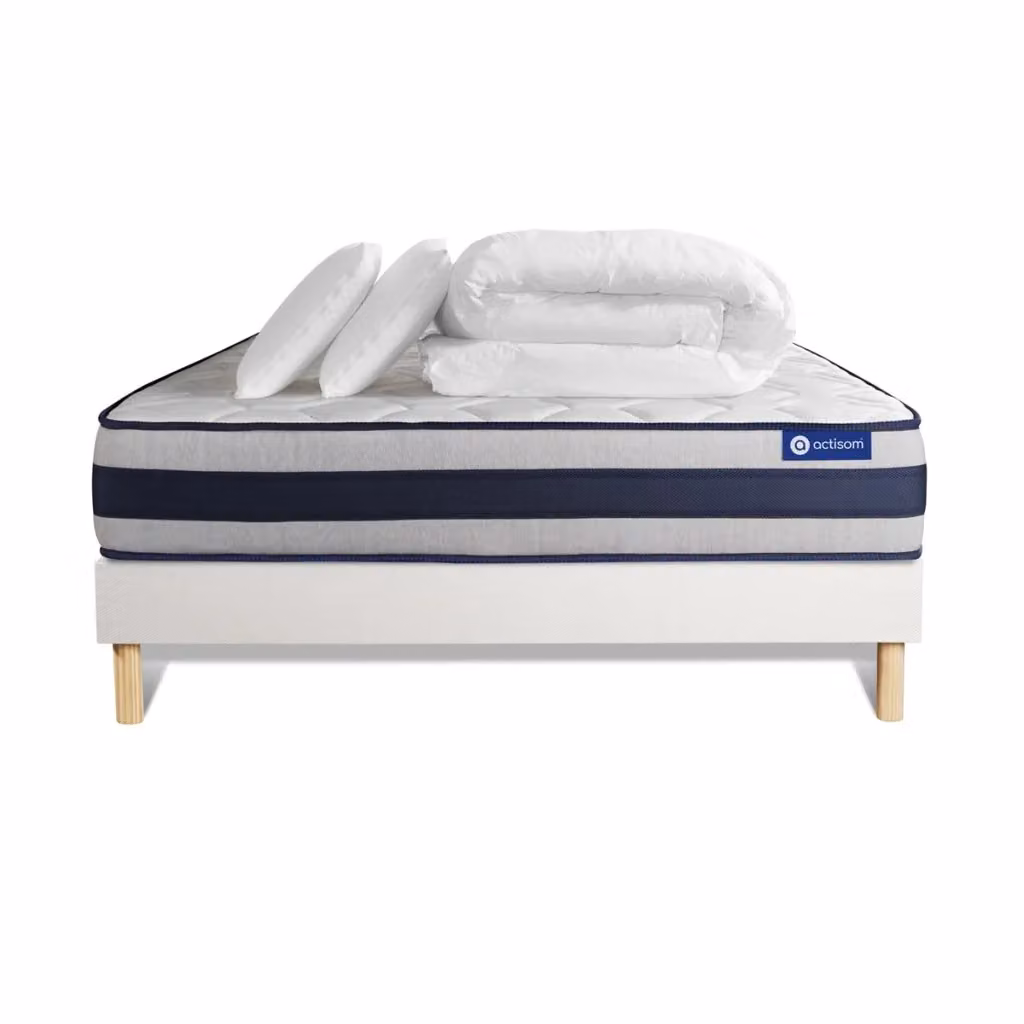 Set letto completo Actisom Ergo con materasso ibrido a molle pocket, box spring con doghe, 2 cuscini e piumino, colore bianco, L/P/H: 200 x 200 cm – 2