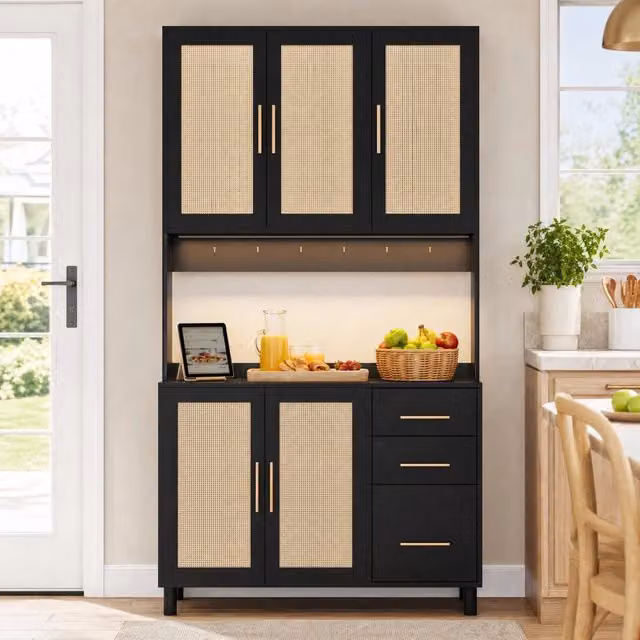 Credenza da cucina nera con LED, prese integrate, 3 cassetti e ripiani regolabili