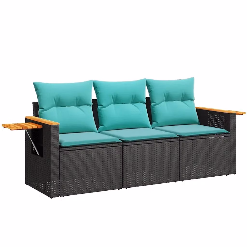 Set da giardino vidaXL composto da divano a 3 posti, poltrona lounge e tavolino da caffè in polyrattan nero con cuscini blu resistenti ai raggi UV – 2