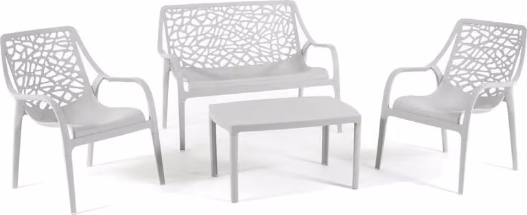 Set da giardino con divanetto a due posti, 2 poltrone e tavolo in resina rinforzata con fibra di vetro – design moderno, robusto e impermeabile, ideale per giardino, terrazza e veranda – MARATEA – Grigio chiaro
