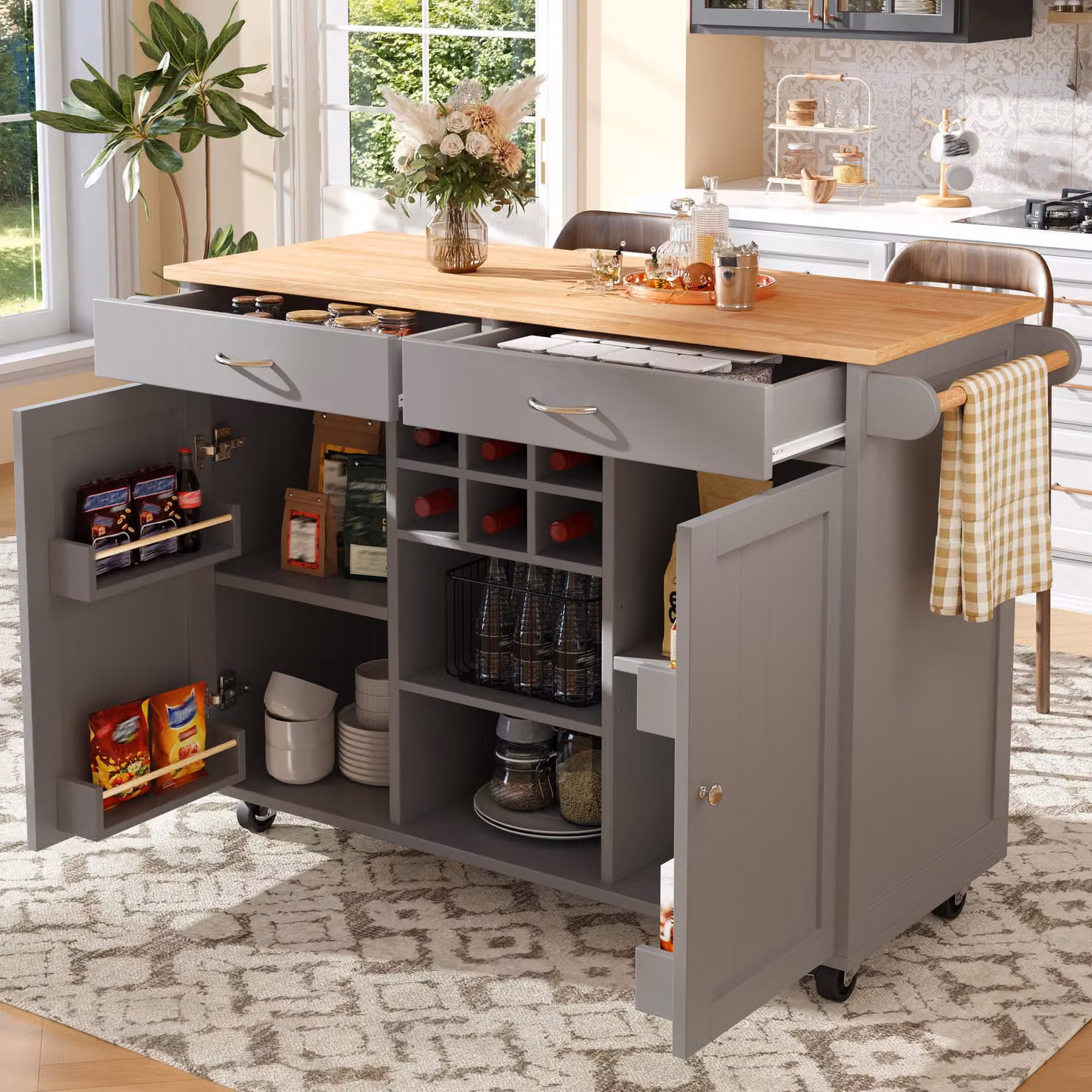 Isola da cucina con spazio contenitivo, dimensioni 102 x 45 x 92 cm, carrello da cucina con portabottiglie e ruote girevoli a 360 gradi, colore grigio, realizzato in metallo e MDF