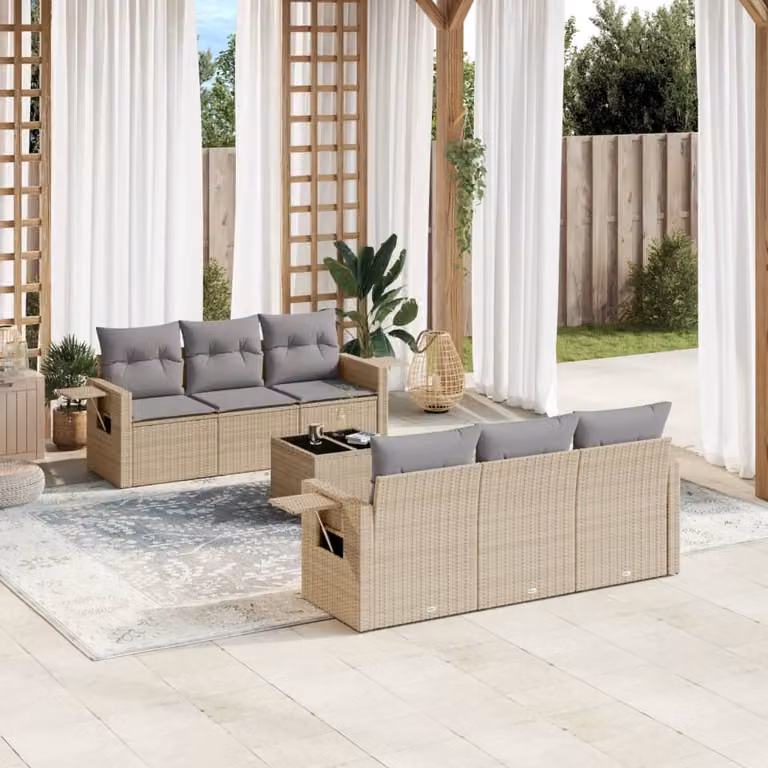 vidaXL Set Divani da Giardino 7 pz a Forma a L con Cuscini Beige e Tavolino in Polyrattan e Acciaio