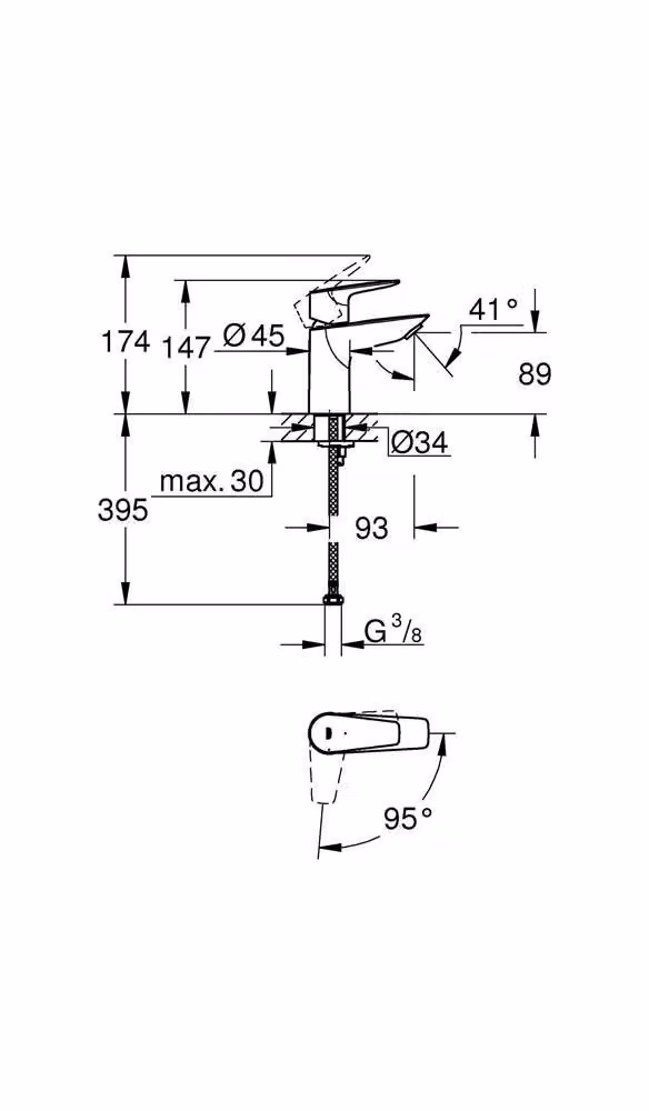 Grohe BauEdge Mitigeur monocommandé pour lavabo, S-Size, saillie 95mm, sans vidage, EcoMode, Cradle to Cradle Certified® Gold, 24193001, 24193001