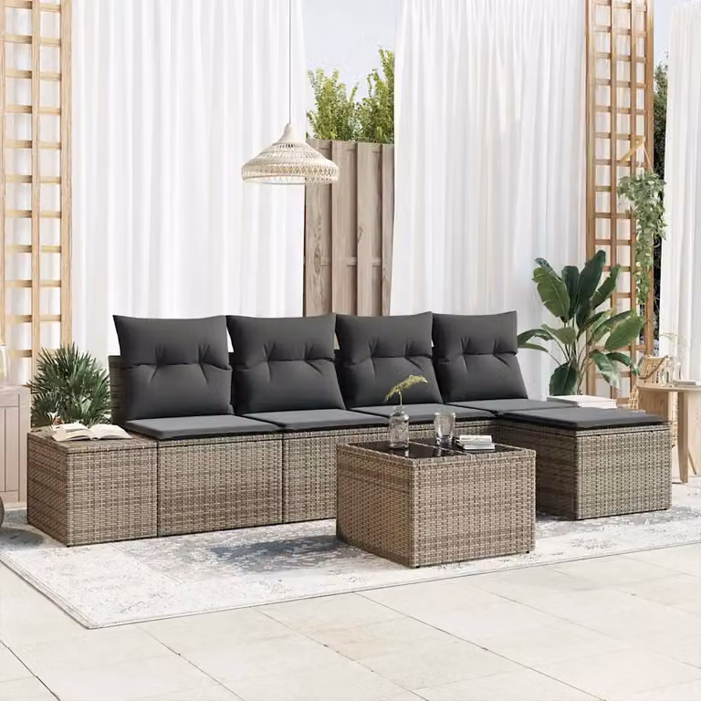 Set Divano da Giardino vidaXL 5 Pezzi a Forma di L in Polyrattan Grigio con Cuscini e Tavolino