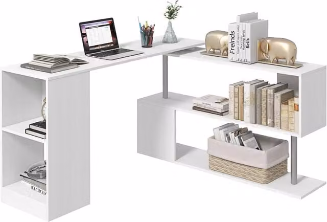 Scrivania angolare moderna con piano girevole e libreria in MDF bianco opaco L/P/H: 140 x 120 x 78 cm