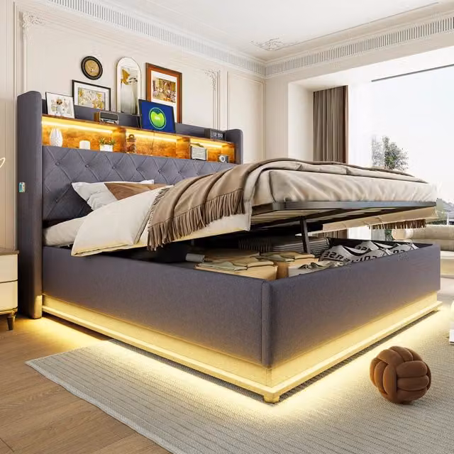 Letto imbottito 180x200 cm con contenitore idraulico; luci LED e porta USB; grigio