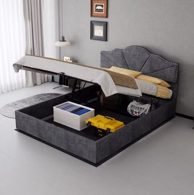 Letto contenitore 140x200 cm grigio in tessuto e metallo con materasso –