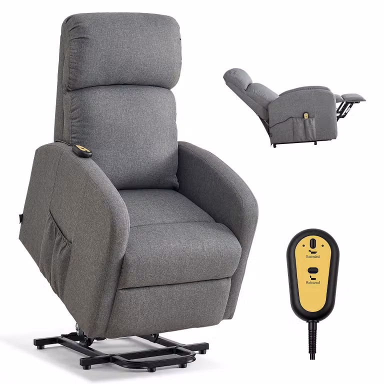 Poltrona reclinabile elettrica per anziani - Poltrona relax con funzione massaggio - Regolazione continua - Rivestimento in lino - Imbottitura in schiuma ad alta elasticità - Telecomando - Grigio chiaro