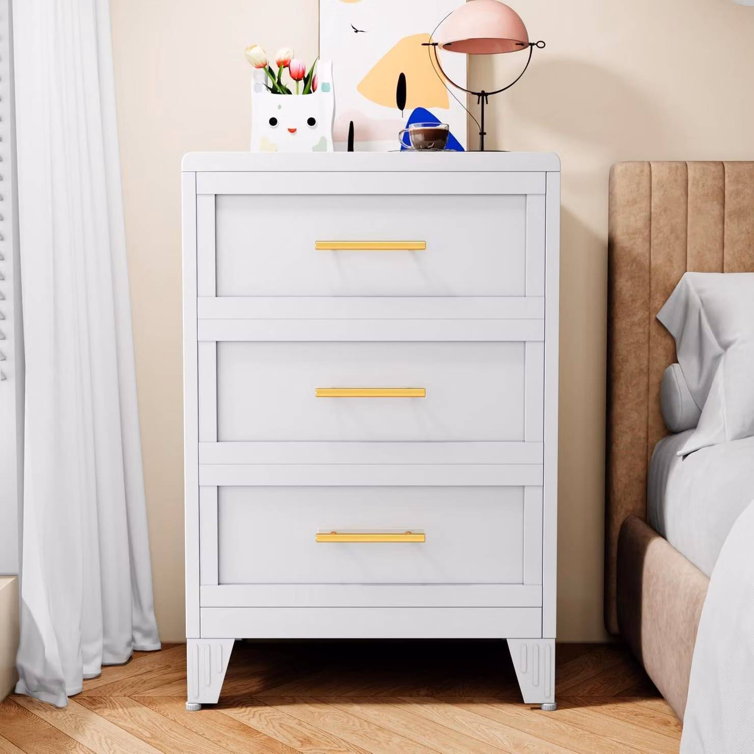 Mobiletto contenitore in metallo, colore bianco, altezza 90 cm, con 3 cassetti