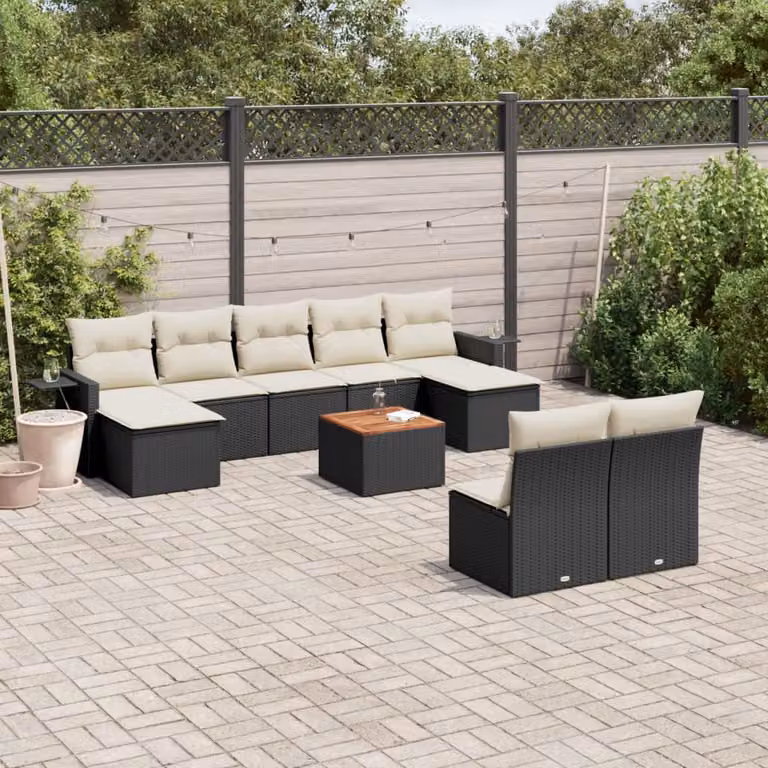 vidaXL Set Divani da Giardino a Forma di U in Polyrattan Nero con Cuscini e Tavolino da Esterno