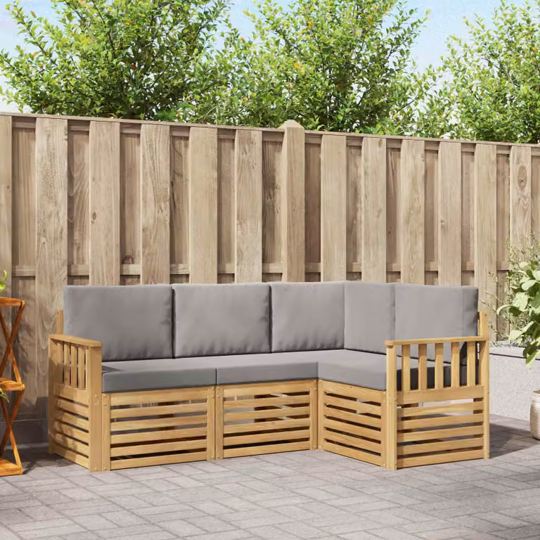 vidaXL Set di divani da esterno a L composto da 4 pezzi in legno di acacia con cuscini bianchi e grigi