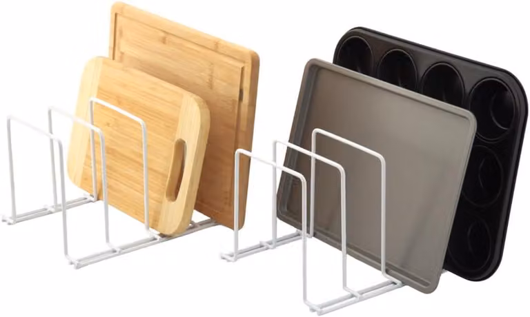 Set da 2 supporti per teglie e taglieri, in acciaio, colore bianco, per mobiletti da cucina