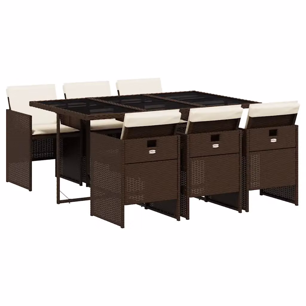 vidaXL Set da Pranzo da Giardino 7pz in Polyrattan Marrone con Piano in Vetro e Cuscini Bianchi – 2