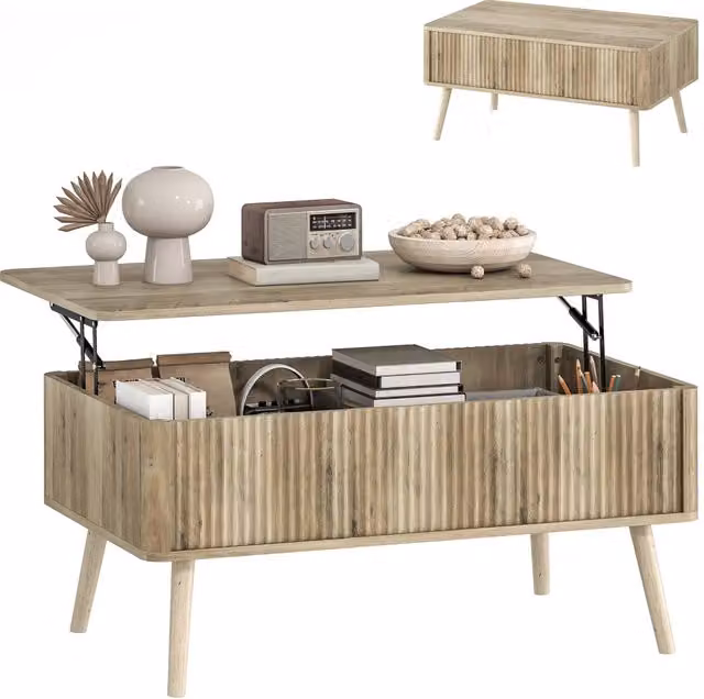 Tavolino da caffè Minimal con contenitori e gambe in pino, colore rovere, L: 91 cm, P: 56 cm, H: 43 cm
