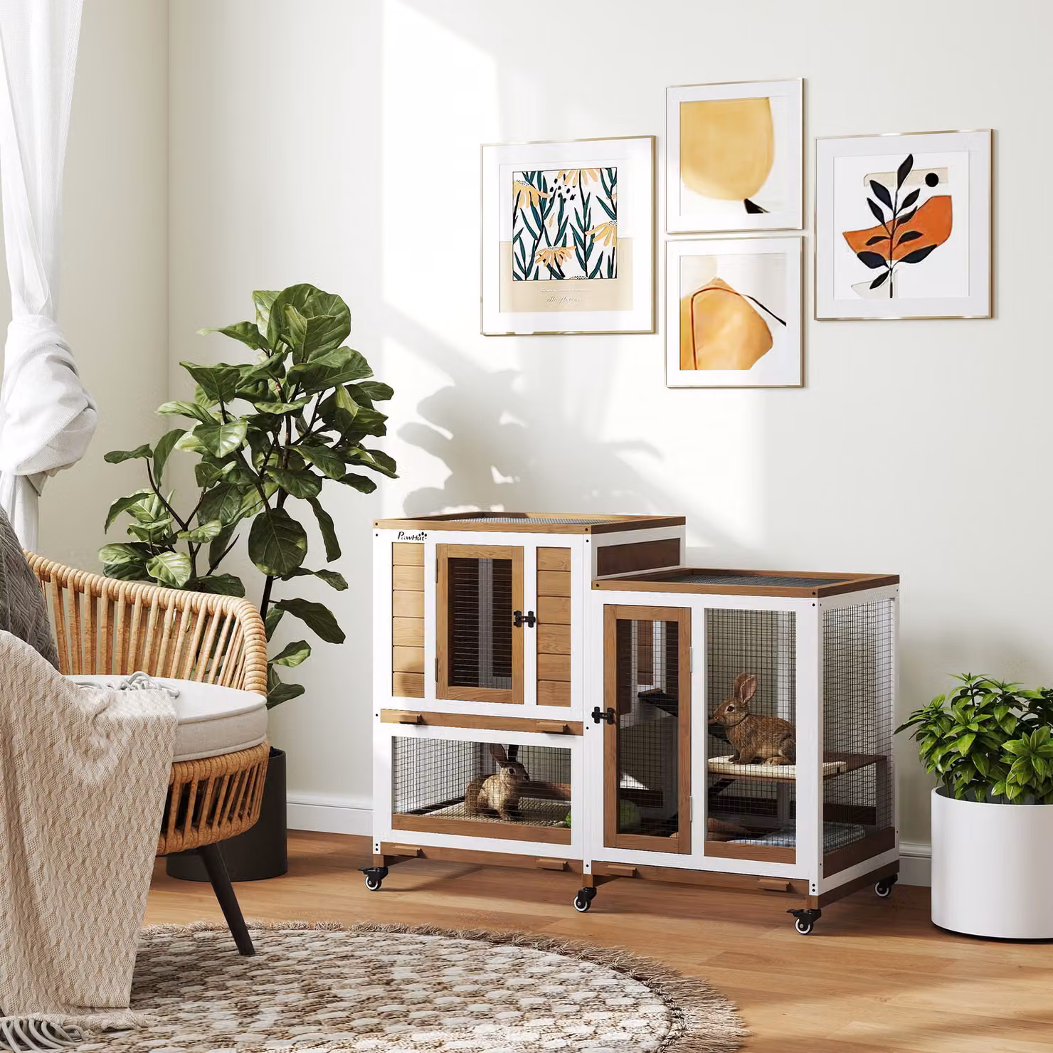 Gabbia per conigli da interno PawHut in legno marrone con 3 ripiani amovibili L 110 cm x P 50 cm x H 86 cm – 2