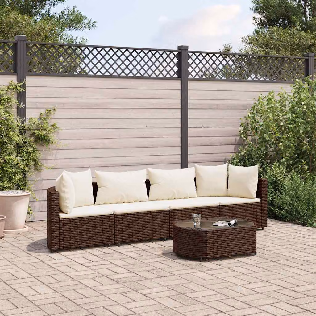 Set Divano da Giardino vidaXL 5 pz in Polyrattan Marrone con Cuscini e Tavolino
