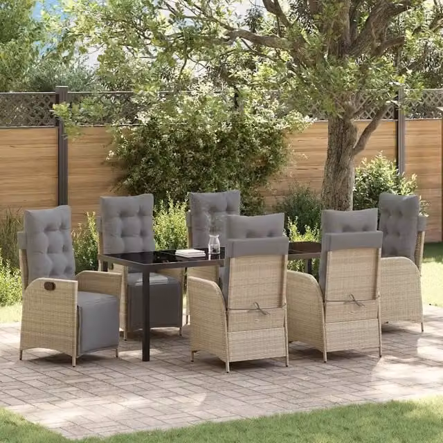 Set da pranzo per giardino e terrazzo vidaXL in polyrattan e vetro beige, 7 pezzi – 1