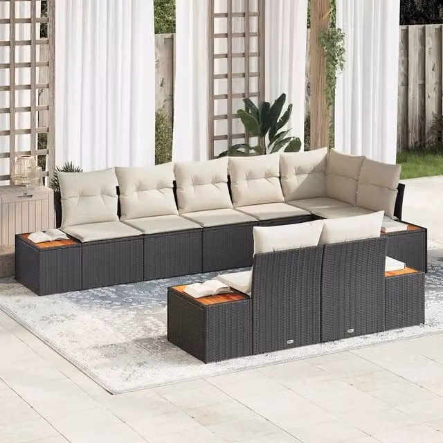 Set Divano da Giardino 8 Posti vidaXL con Tavolino e Cuscini, Design Moderno a L, Colore Nero e Beige – 1