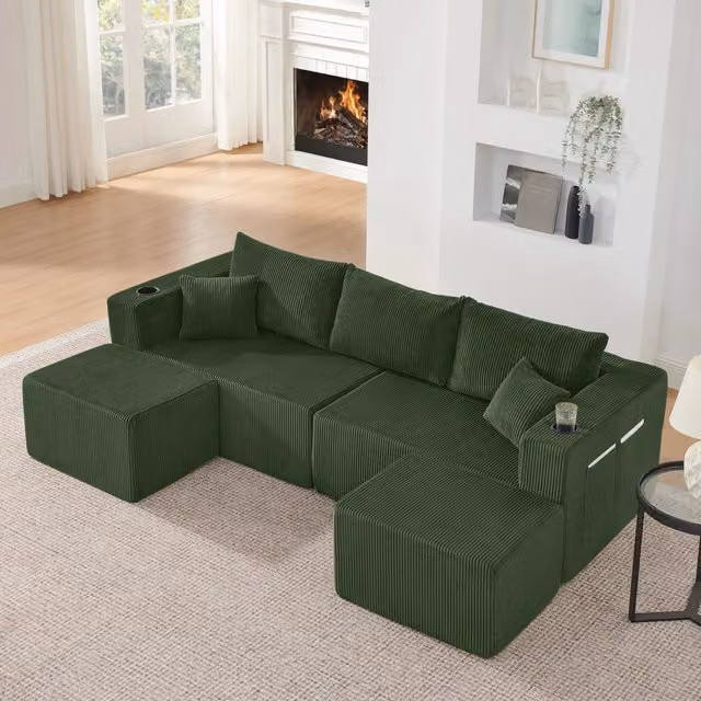 Divano angolare modulare MIVRAY a 3 posti in tessuto a coste verde con 2 pouf mobili, portabevande e cuscini inclusi