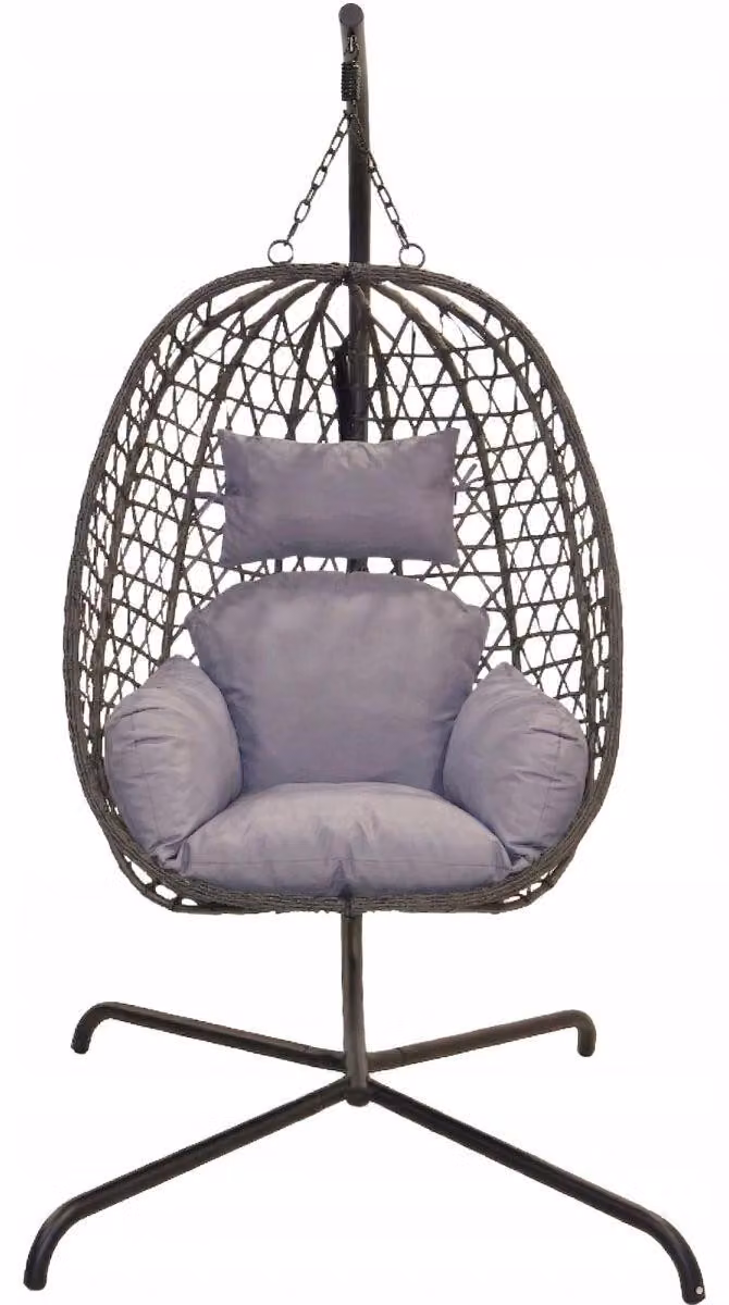 Sedia a dondolo sospesa, modello "culla", realizzata in rattan sintetico, color grigio scuro, dimensioni 92x195 cm, con struttura