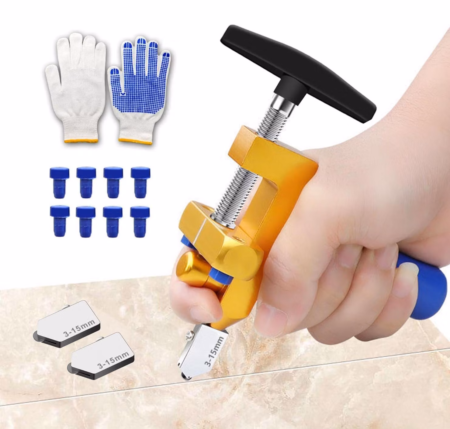 Tagliapiastrelle manuale - Spessore di taglio da 3 a 15 mm - Acciaio al tungsteno - Colore giallo e blu - Adatto per piastrelle in Vetroceramica e vetro