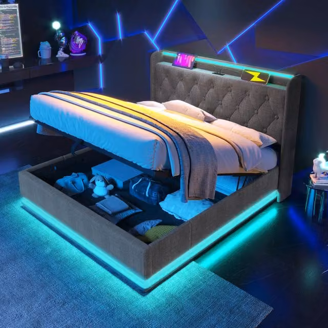 Letto matrimoniale 140x200 letto contenitore idraulico in lino grigio con LED 360 e porte USB