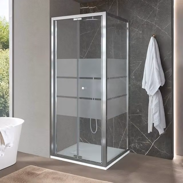 Box doccia d'angolo Ted con porta a soffietto serigrafata, trasparente e argento, H 200 cm x L 70 cm x P 90 cm – 1