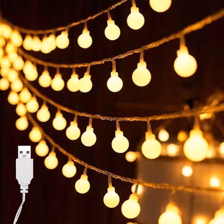 Catena luminosa a LED, lunghezza 3 metri, 20 sfere, luce bianco caldo, alimentazione USB