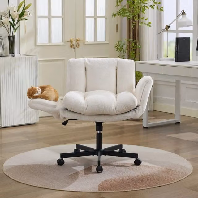 Sedia da Ufficio Girevole Minimal in Chenille Beige con Braccioli e Ruote