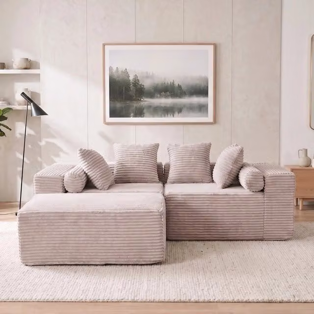 Divano angolare chaise longue ¨C Minimal ¨C Beige tessuto ciniglia