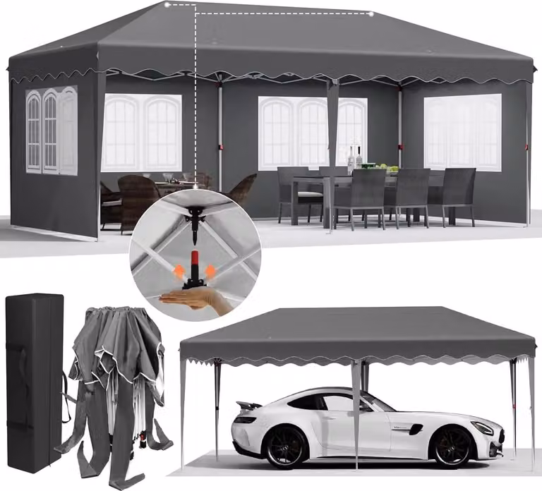 Gazebo da giardino 3 x 6 m - Tenda pieghevole pop-up - Richiudibile con un solo gesto - HDPE impermeabile rivestito inPoliuretano- Struttura in alluminio - Quattro pareti laterali - Grigio scuro