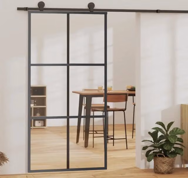 Porta Scorrevole in Vetro Trasparente e Alluminio vidaXL, Colore Nero, L 102 cm x H 205 cm