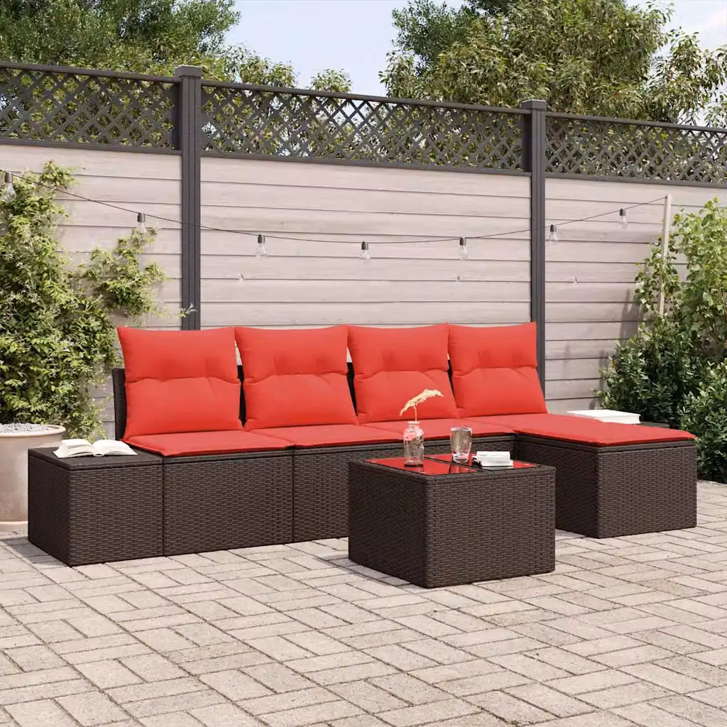 Set Divano da Giardino L-Shape vidaXL 6 pz Marrone e Rosso con Poltrone, Tavolino e Pouf in Polyrattan e Metallo