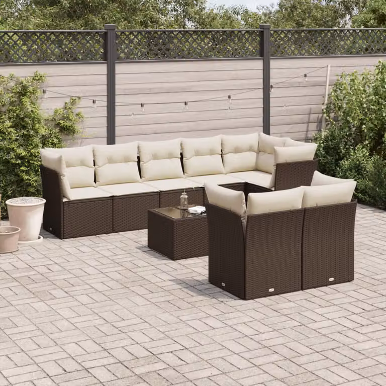 vidaXL Set Divani da Giardino 9pz a Forma a U in Polyrattan Marrone e Bianco con Cuscini e Tavolino da Esterno