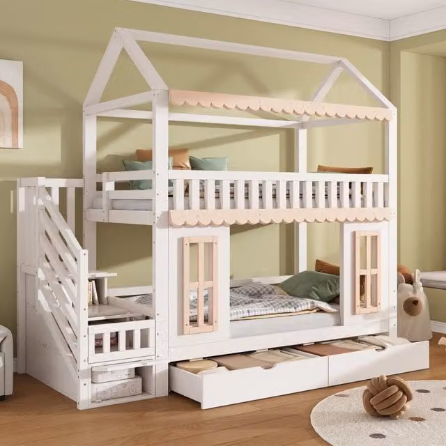 Letto a castello per bambini WISHDOR a forma di casetta con scala, 2 cassetti e vani portaoggetti, Bianco e Beige, L/P/H: 200 x 90 x 175 cm