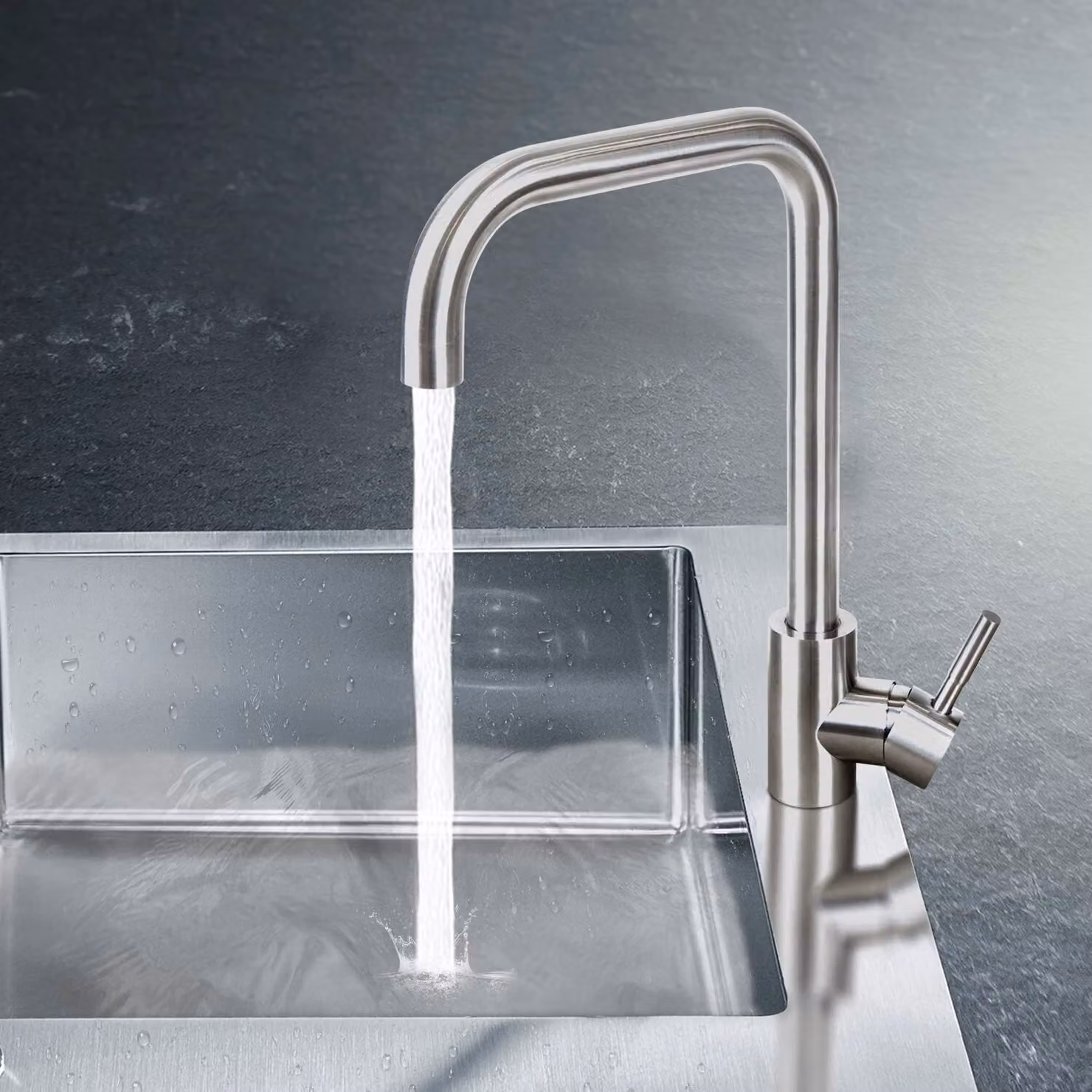 ZMH Miscelatore monocomando ad alta pressione per lavello in acciaio inox a 360° con maniglia singola Nichel spazzolato