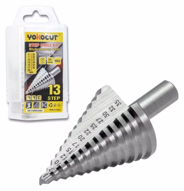 Trapano a tazza passo variabile, diametro 5-35 mm, in HSS, con 13 passaggi, attacco da 10 mm, per metallo, acciaio, legno e plastica