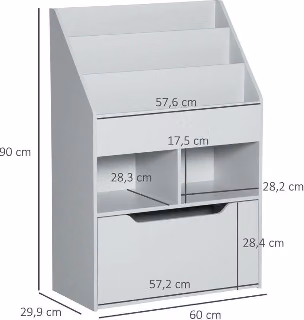 Libreria per bambini ULEVR 60x29,9x90 cm con cassetto su ruote, 3 ripiani e 2 vani aperti, grigia