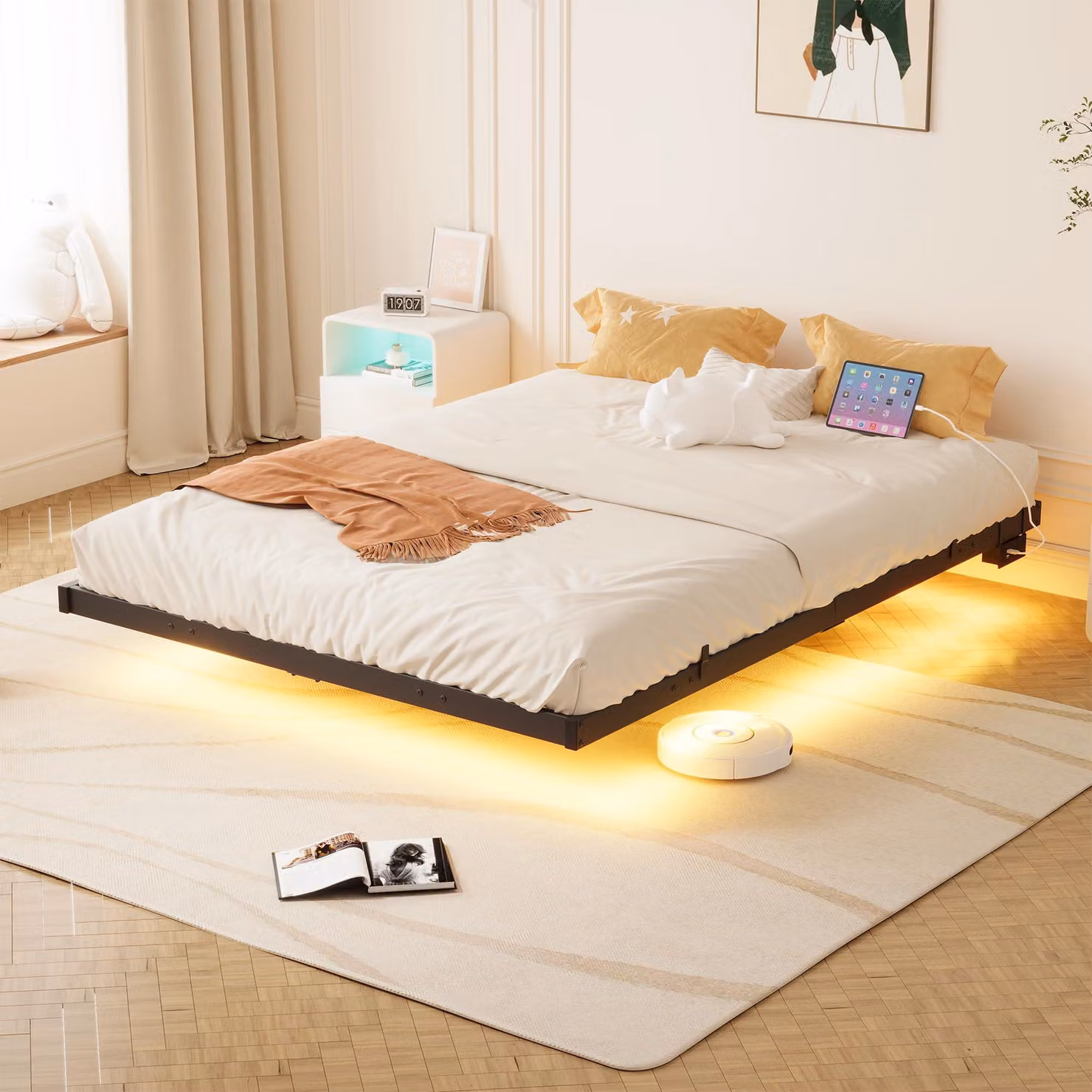 Letto matrimoniale sospeso con illuminazione a LED e base di ricarica, in metallo, dimensioni 150x200 cm