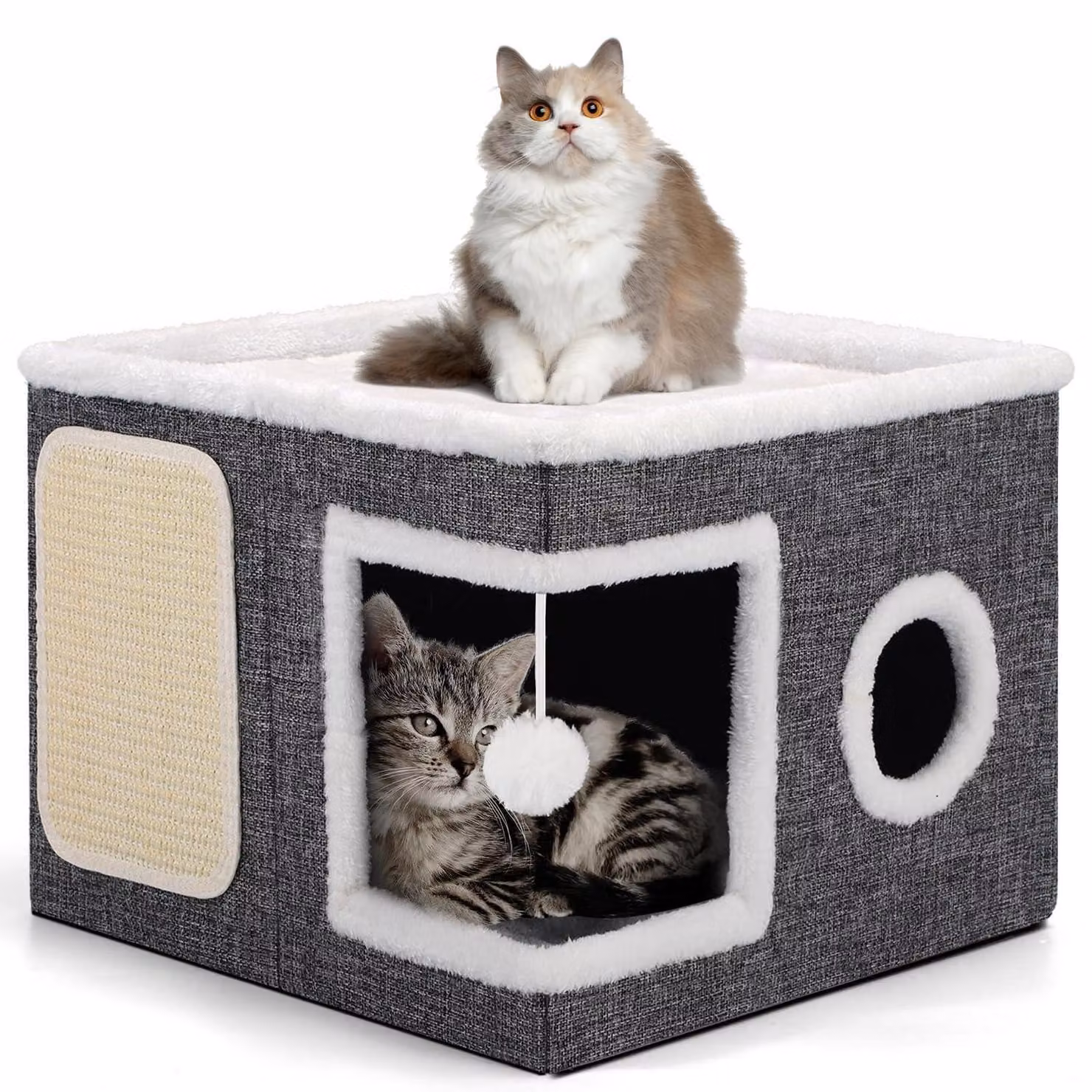 Cuccia pieghevole per gatti, grigia, a due piani, dimensioni 43x43x32 cm, con tiragraffi e pallina giocattolo