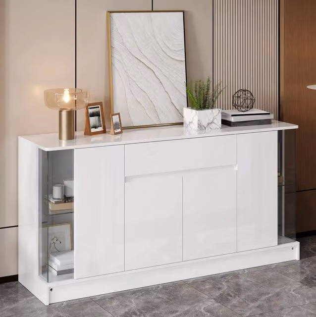 Credenza moderna con 2 vetrine; LED con app e vani contenitore; 150x40x75 cm; bianca