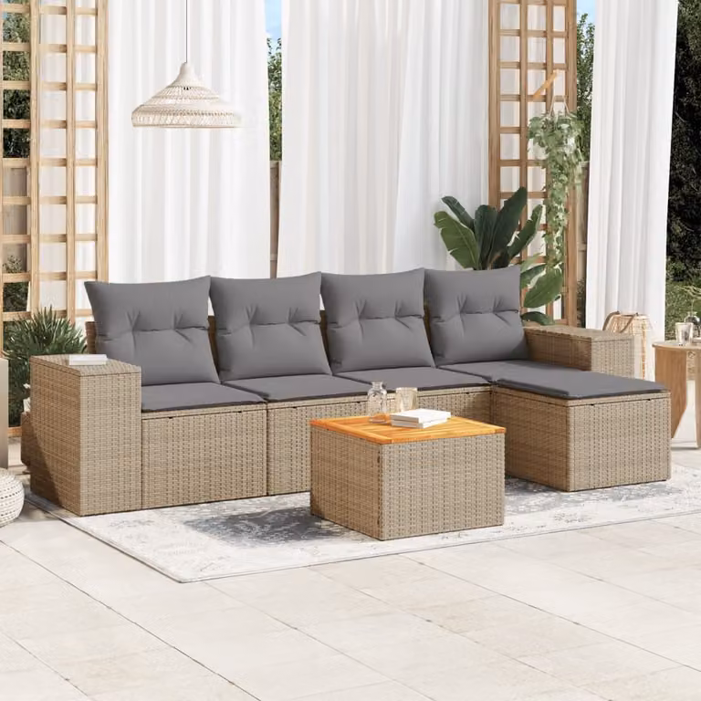 Set Divano da Giardino vidaXL 6 pz a Forma a L in Polyrattan con Cuscini Beige e Tavolino da Caffè