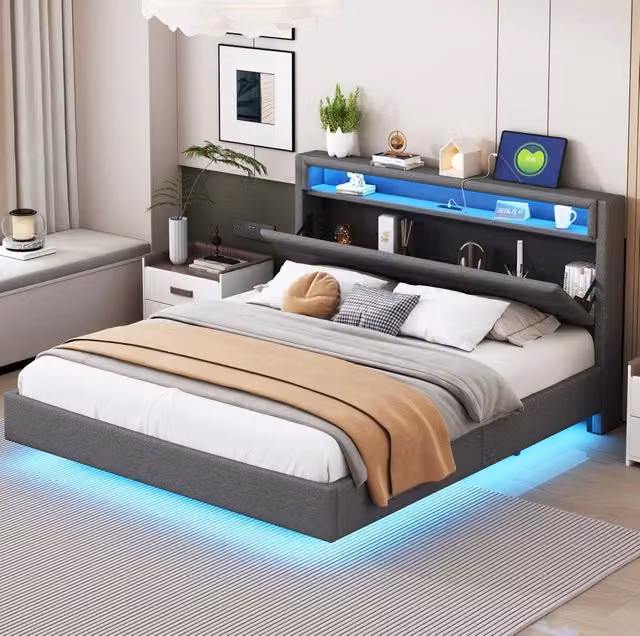 Letto imbottito 160x200 cm con USB e luci LED; tessuto effetto lino grigio (Senza materasso)