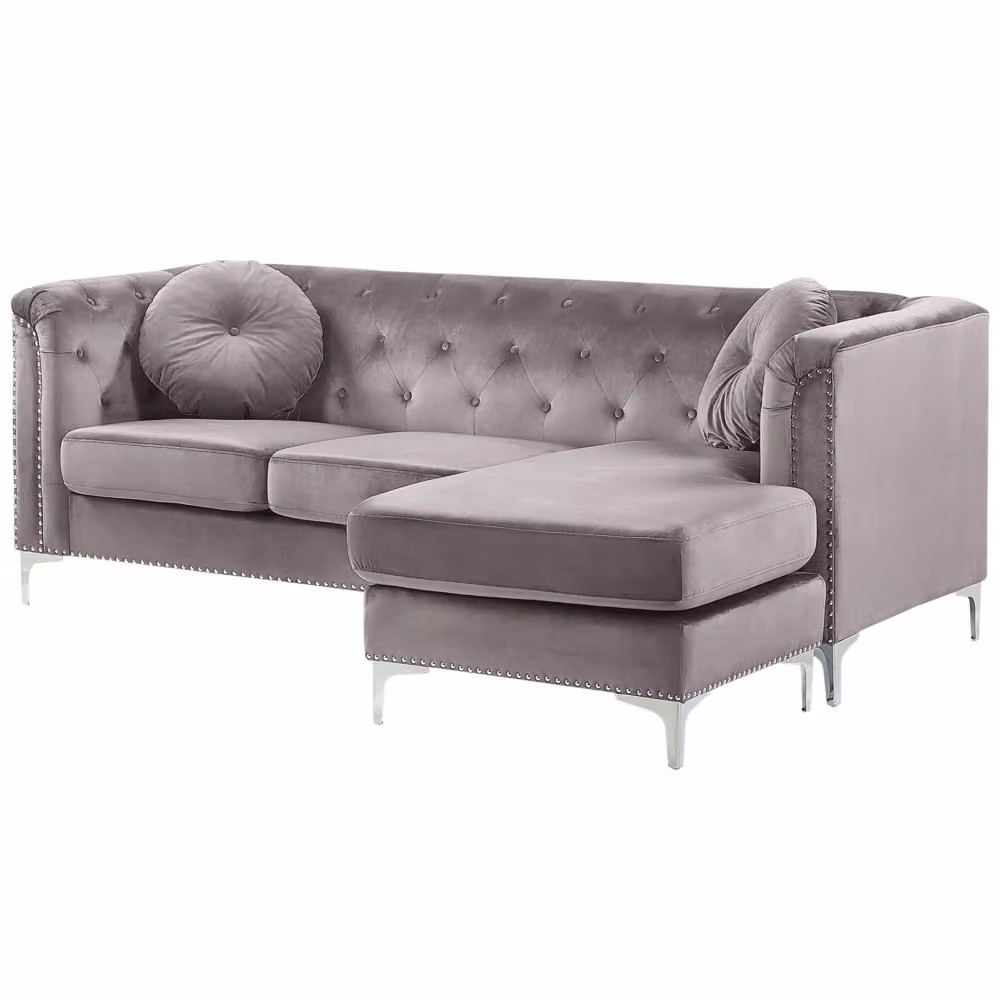 Divano ad angolo Beliani in velluto grigio a 3 posti con forma a L sinistra, struttura in legno massello e cuscini aggiuntivi, L/P/H: 212 x 145 x 77 cm – 2