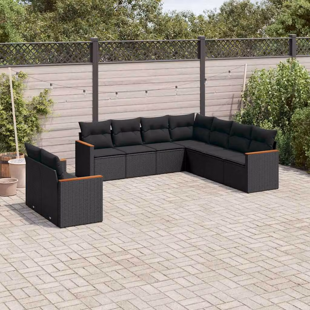 Set Divani da Giardino vidaXL 9 pz a Forma a U in Polyrattan Nero con Cuscini e Rivestimenti Rimovibili – 1