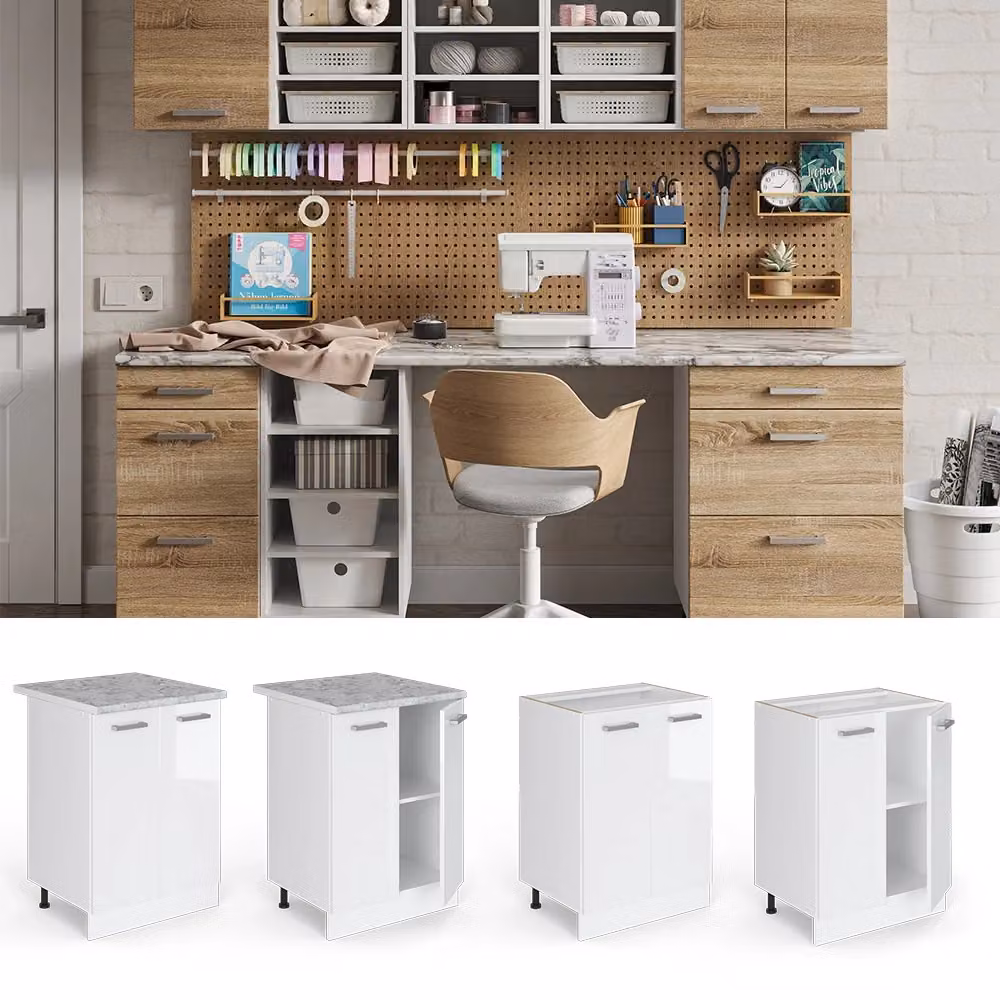 Base cucina universale R-Line Vicco in legno bianco lucido con ante, senza piano di lavoro, L: 60 cm – 2